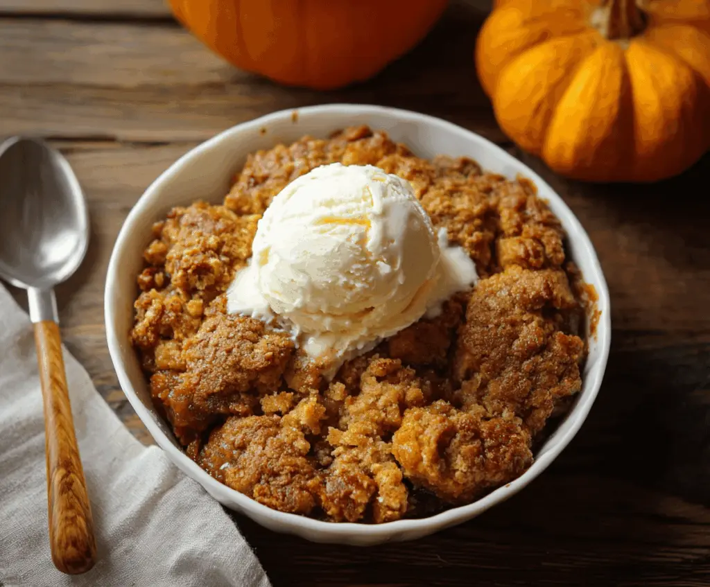 Delicious homemade pumpkin cobbler topped with golden crust and whipped cream, perfect for fall desserts.