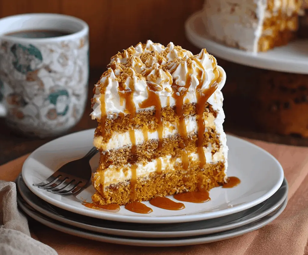 Delicious Pumpkin Spice Latte Cake with whipped cream and cinnamon garnish, perfect for fall desserts.
