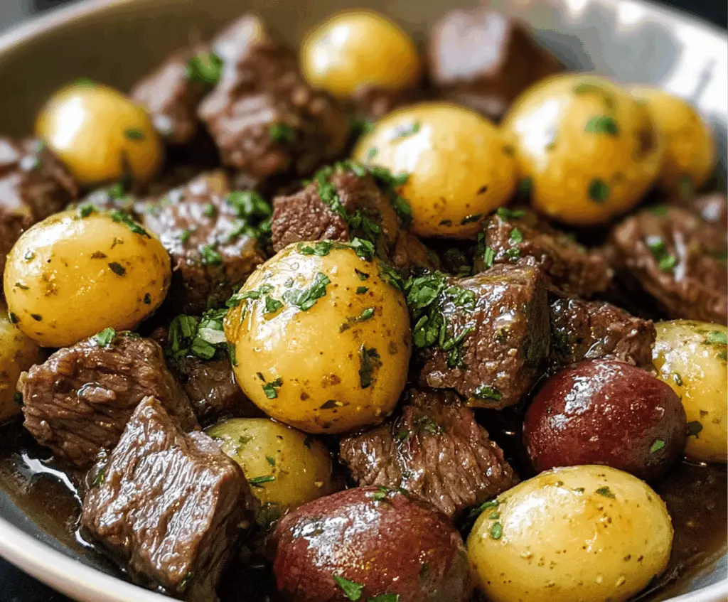 Delicious slow cooker garlic butter beef bites with tender potatoes served on a plate