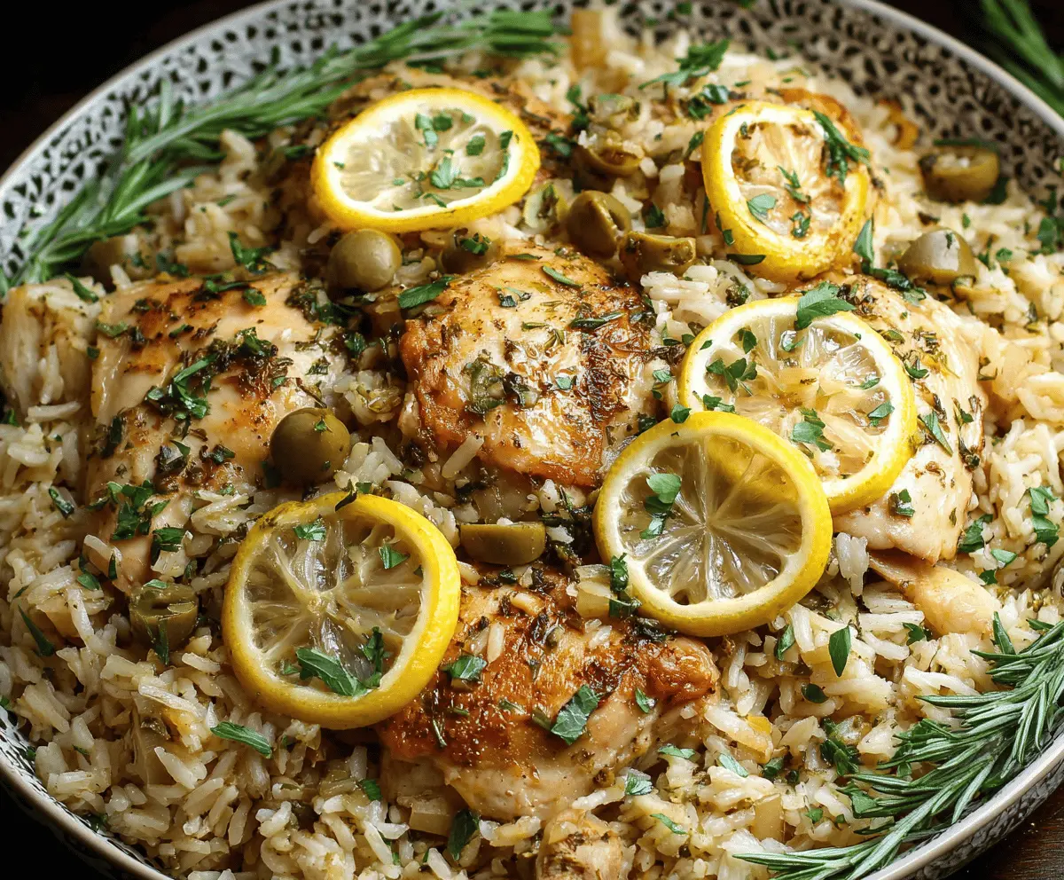 Delicious slow cooker lemon herb chicken served with flavorful rice, garnished with fresh herbs for a hearty and easy dinner