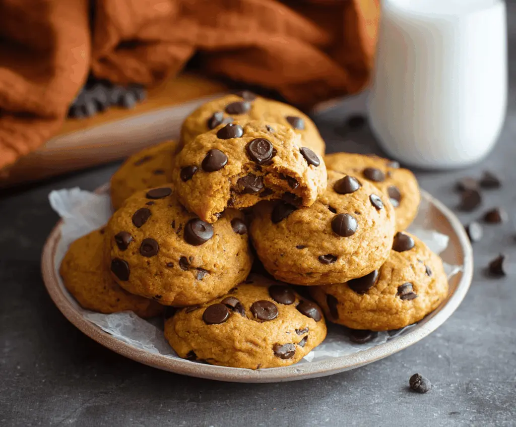 Delicious soft and gooey pumpkin chocolate chip cookies fresh out of the oven, featuring a warm pumpkin flavor and melted chocolate chips on a plate