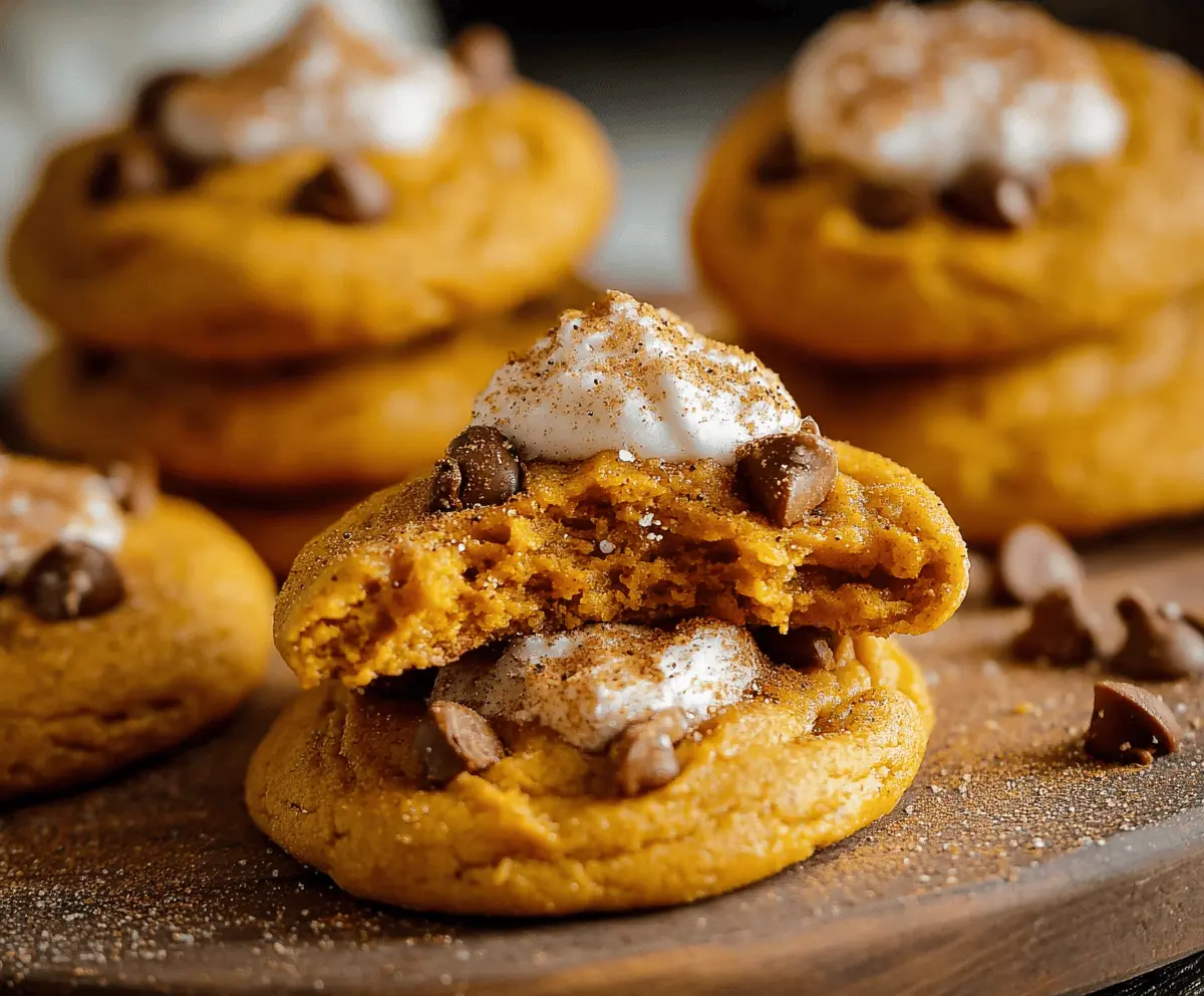 Soft Pumpkin Pie Cookies with a creamy pumpkin filling and warm cinnamon spices on a decorative plate.