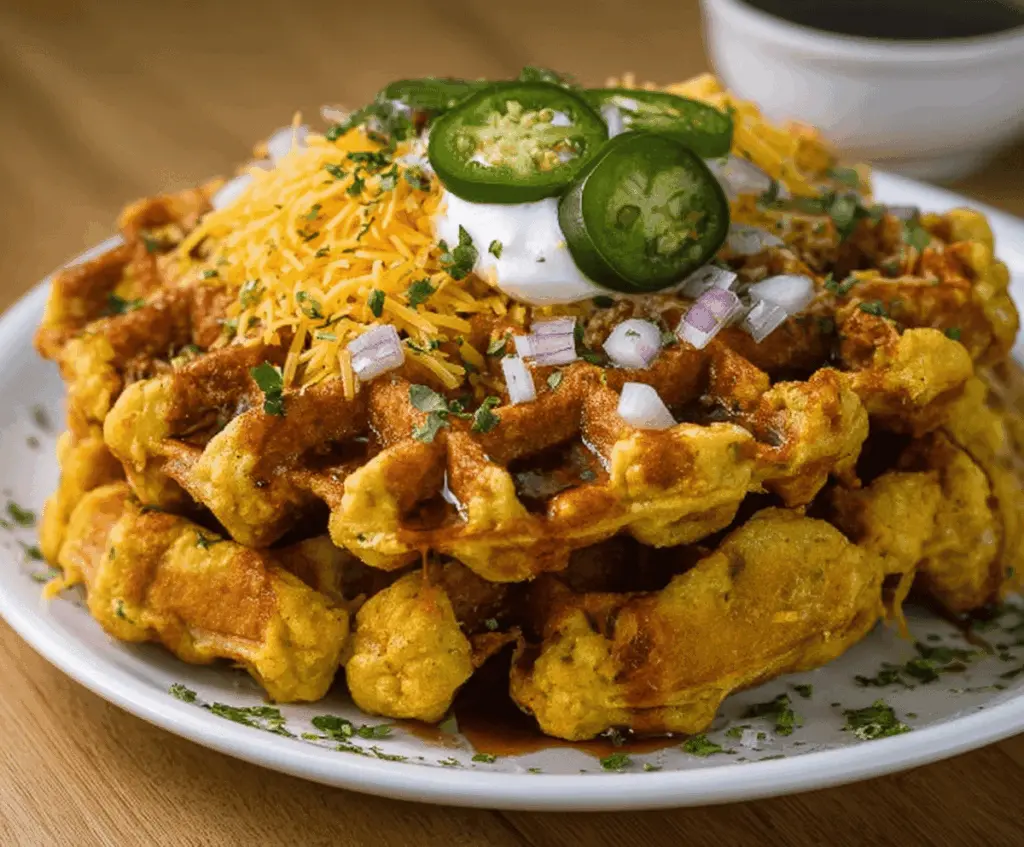 Golden Spicy Cheddar Jalapeño Cornbread Waffles topped with melted cheese and fresh jalapeño slices, served on a rustic plate