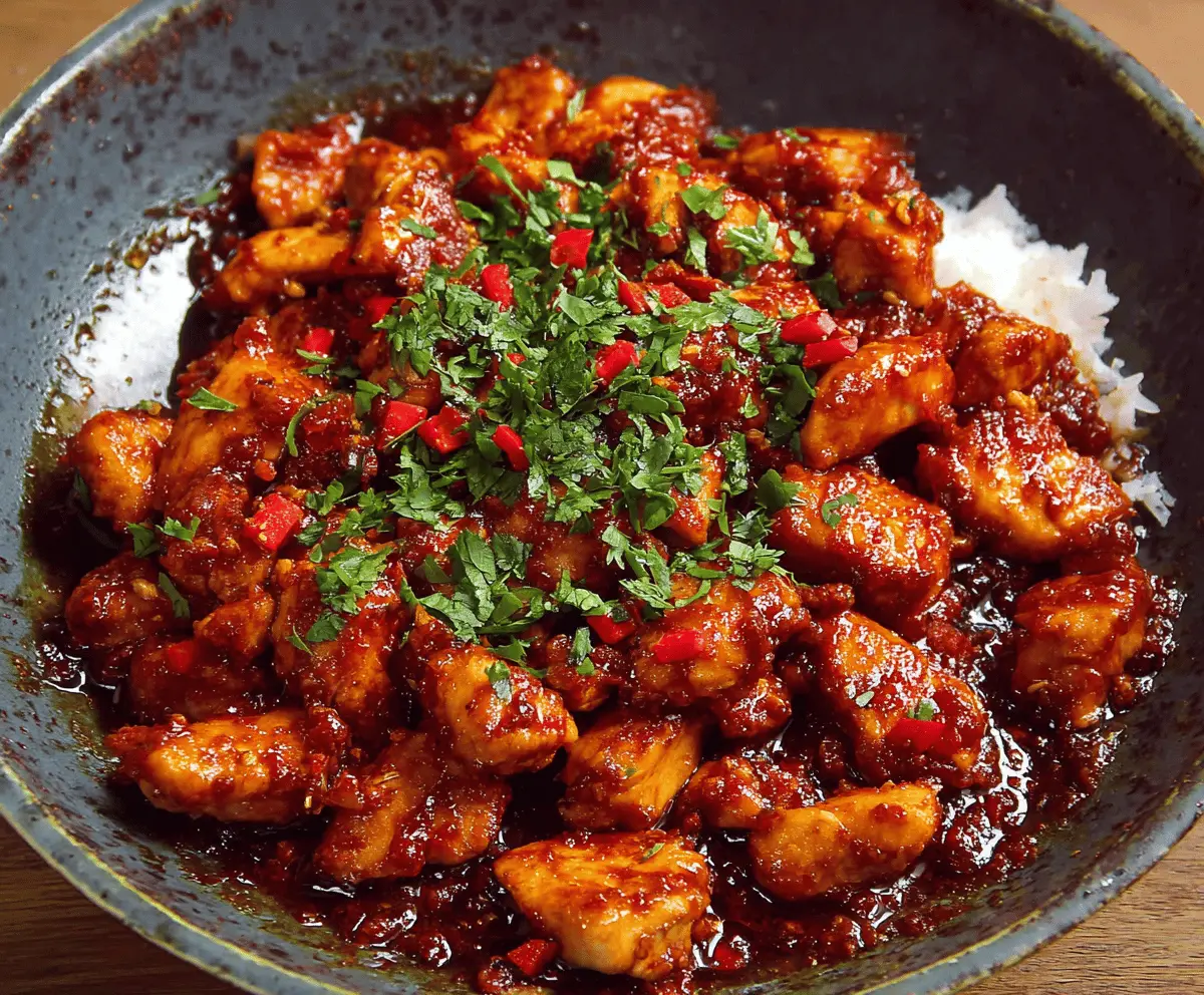 Delicious sweet chili chicken served with fresh vegetables and garnished with chopped herbs, perfect for a flavorful and easy dinner recipe.