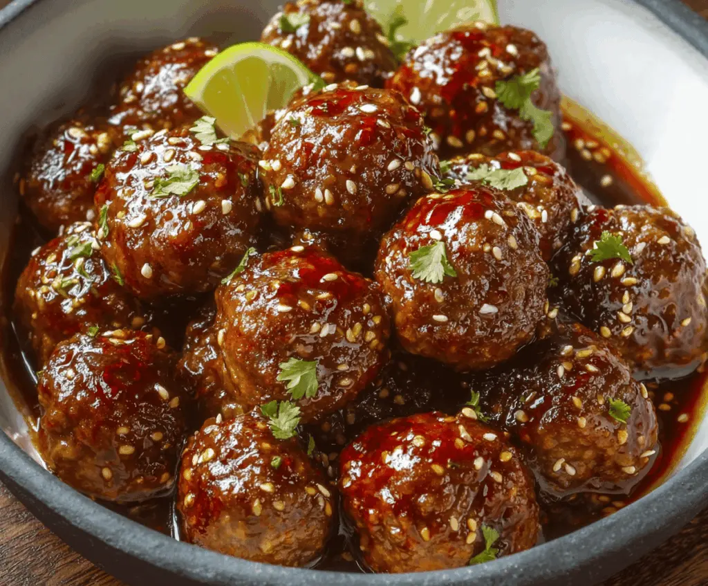 Delicious homemade sweet chili meatballs cooked in a crockpot, served with fresh herbs and garnishes for a flavorful appetizer or main dish