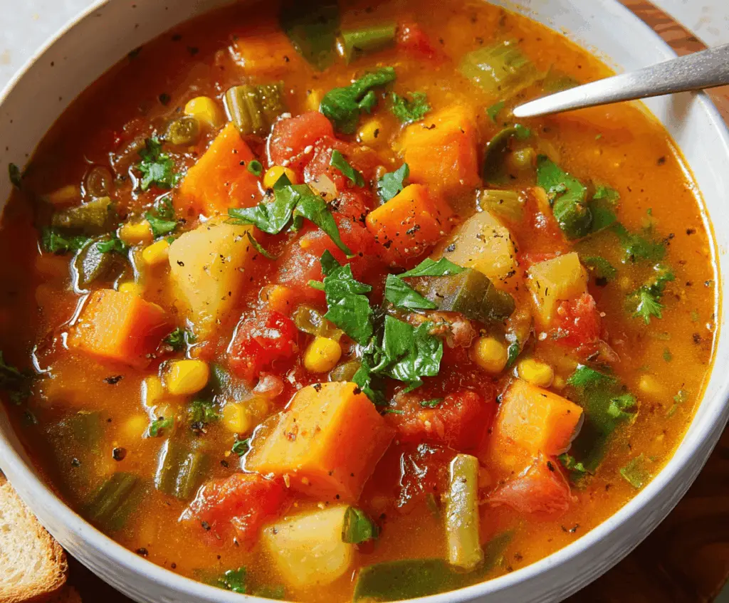 A bowl of hearty sweet potato vegetable soup garnished with fresh herbs, featuring vibrant orange sweet potatoes, colorful vegetables, and a spoon ready to enjoy.