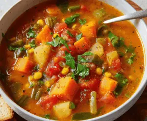 A bowl of hearty sweet potato vegetable soup garnished with fresh herbs, featuring vibrant orange sweet potatoes, colorful vegetables, and a spoon ready to enjoy.