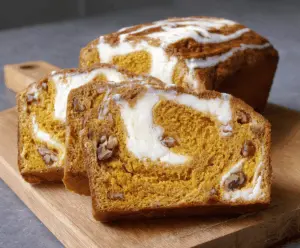 Swirled pumpkin cream cheese bread sliced and served, showcasing its moist texture and vibrant orange pumpkin swirl topping
