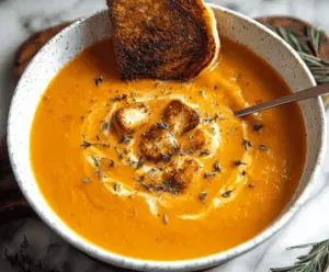 Creamy roasted winter vegetable soup served in a bowl with fresh herbs and crusty bread, perfect for a cozy meal