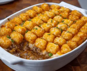 Delicious homemade Tater Tot Casserole with crispy golden Tater Tots, creamy filling, and melted cheese topped with fresh herbs, perfect for a comforting family meal