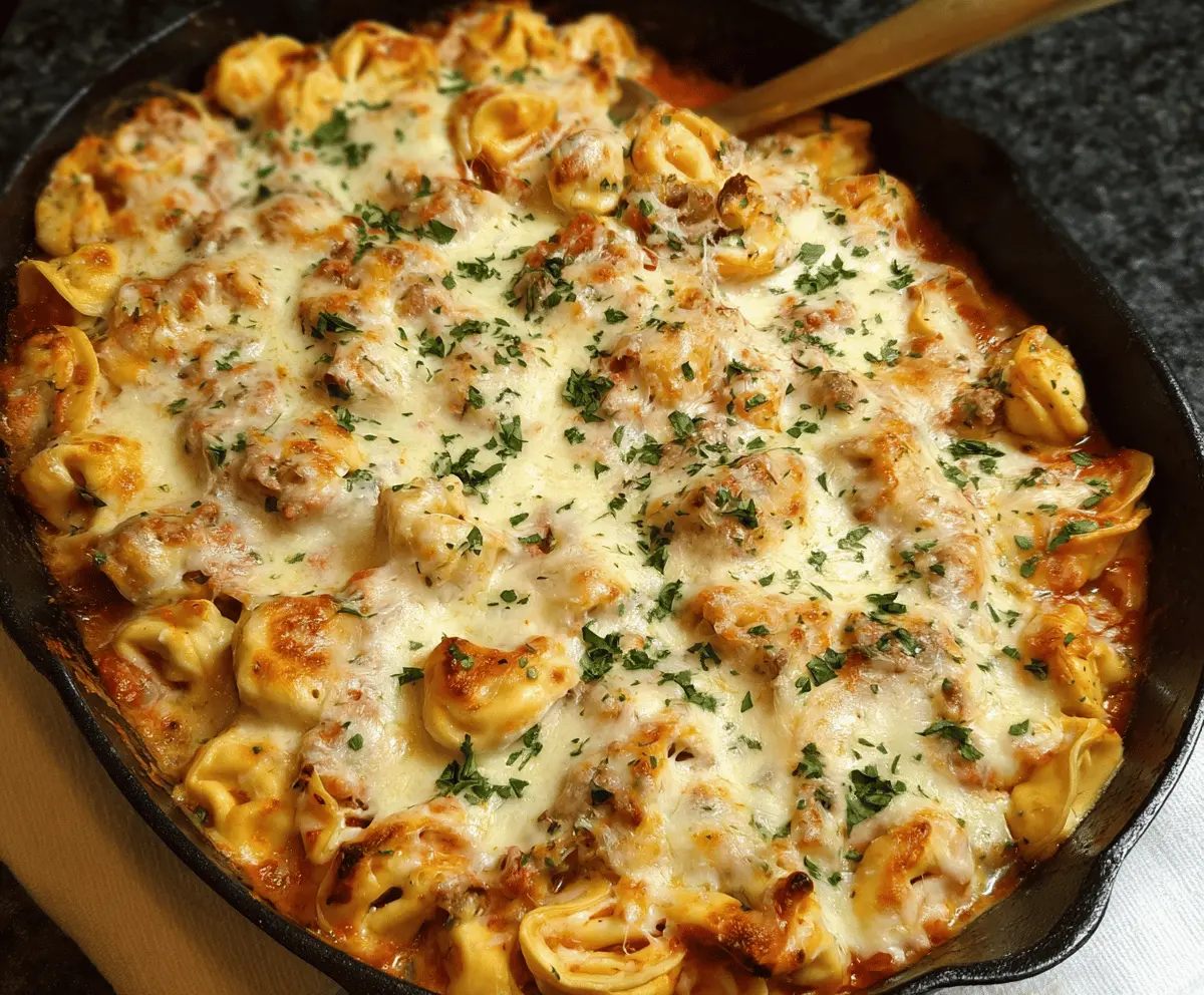 Creamy Alfredo Tortellini Bake topped with melted cheese and fresh herbs, served in a baking dish for a delicious Italian-inspired meal.