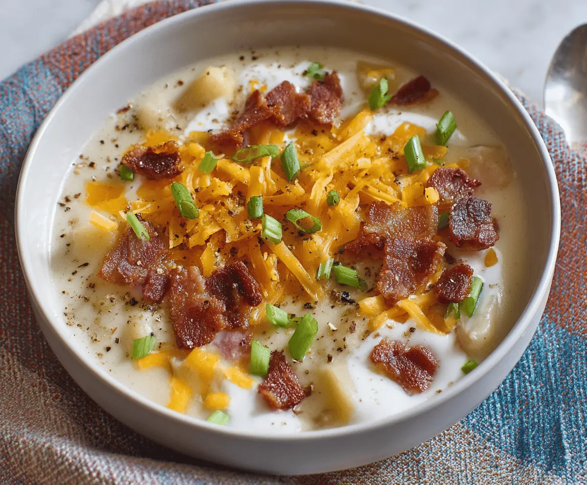 Creamy baked potato soup topped with shredded cheese, crispy bacon bits, and chopped green onions in a rustic bowl