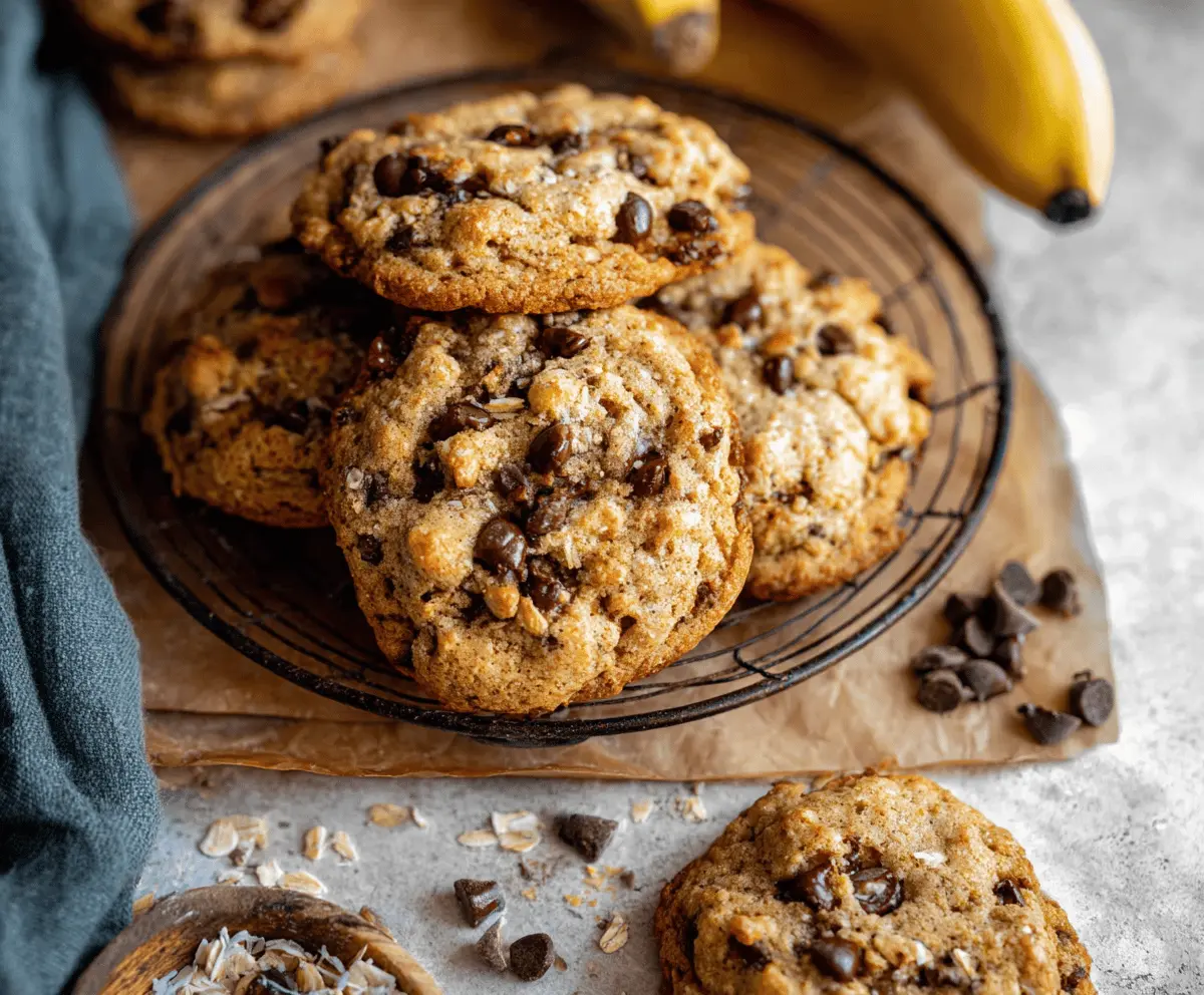 Delicious homemade banana bread cookies with ripe bananas, chocolate chips, and a golden-brown crust, perfect for a sweet snack