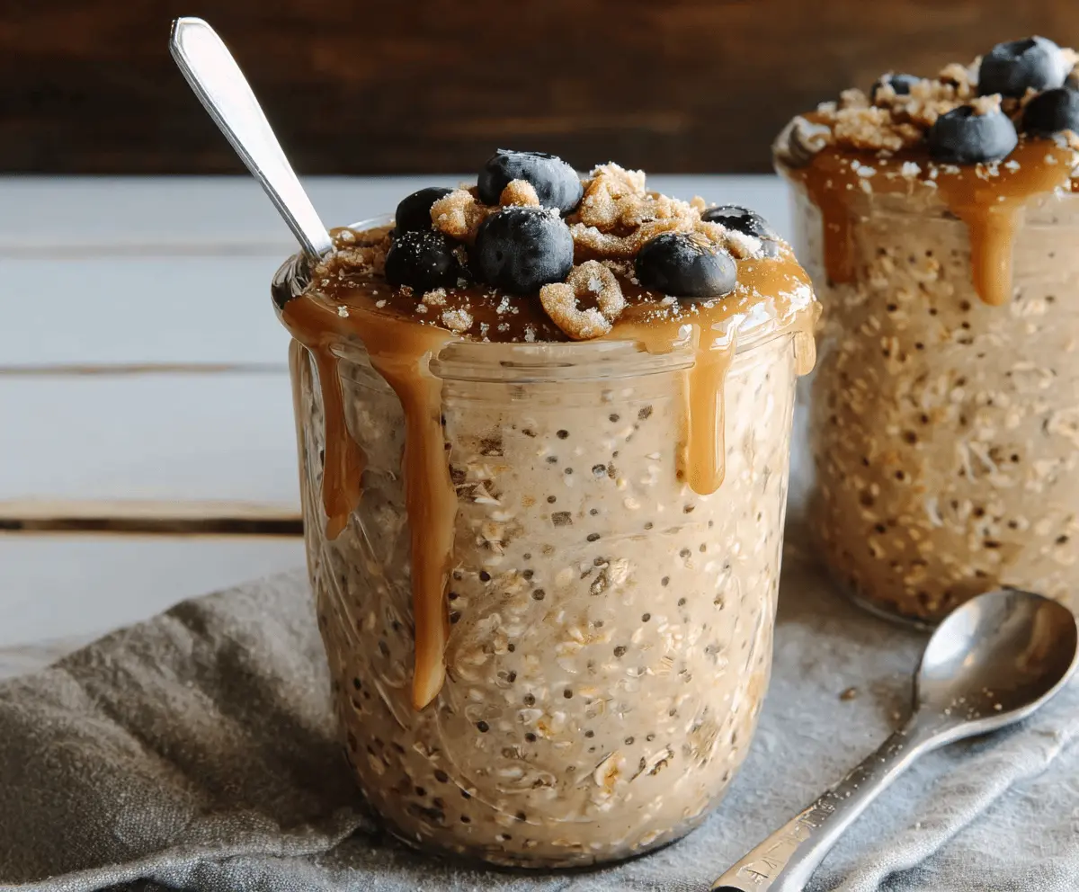 Creamy brown sugar overnight oats topped with fresh berries and a drizzle of honey in a glass jar for a delicious breakfast