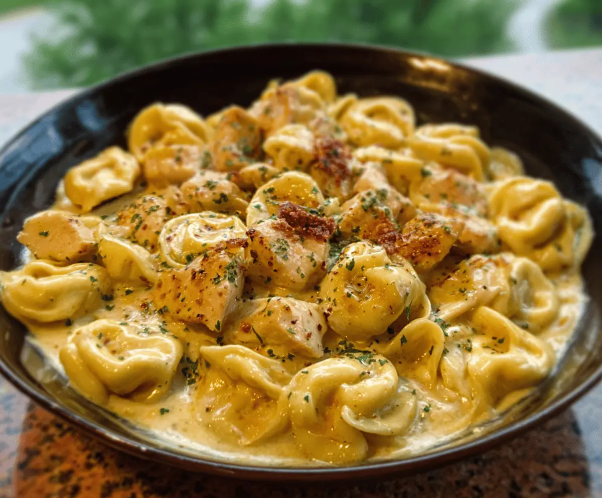 Creamy Cajun Garlic Chicken Tortellini topped with three-cheese sauce and fresh herbs, served in a bowl