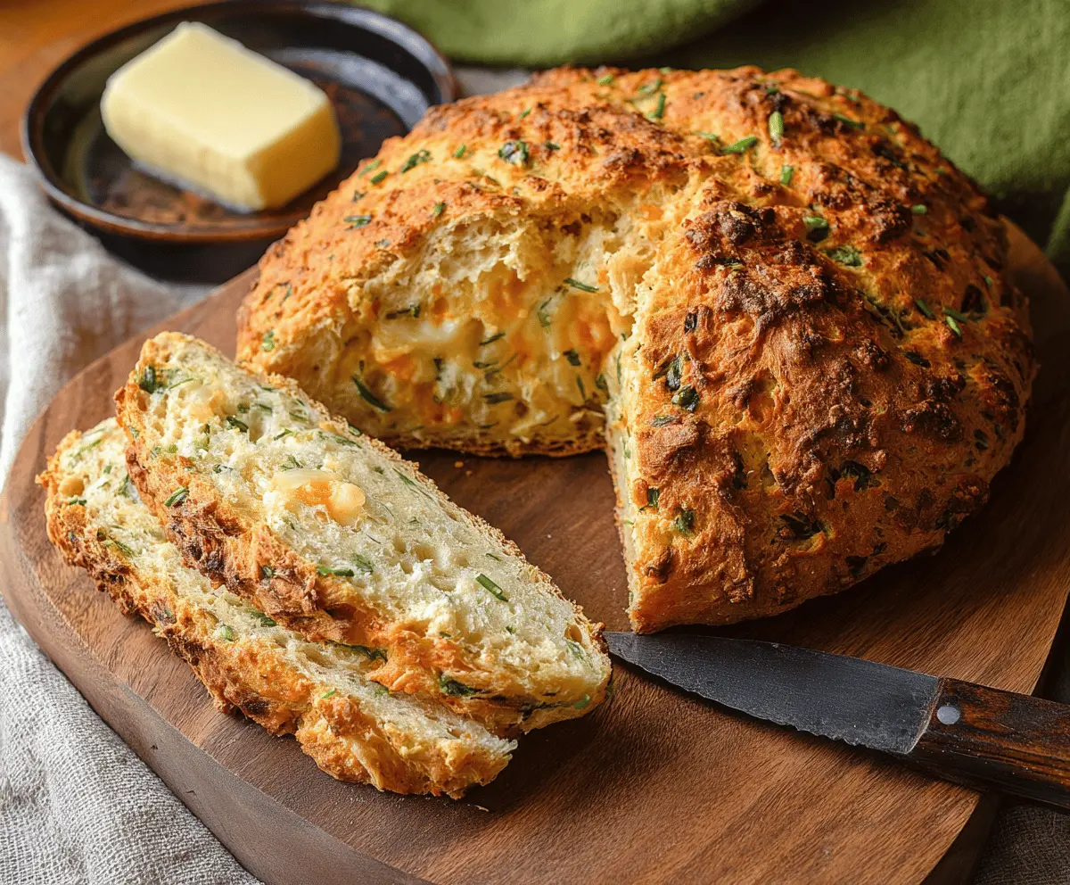 Freshly baked Cheddar and Herb Soda Bread with a golden crust and savory herbs, perfect for breakfast or as a side dish.