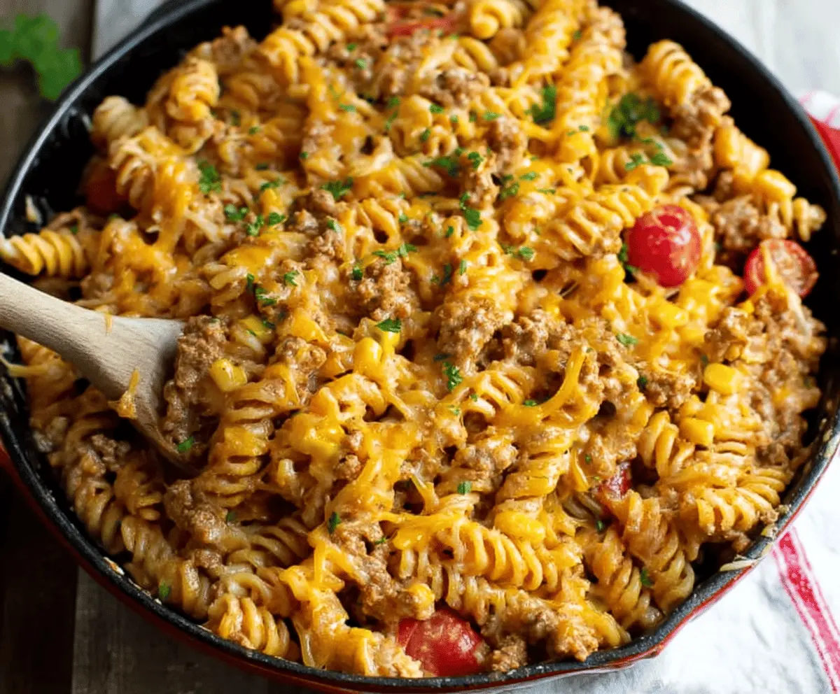 Creamy cheesy ground turkey pasta dish topped with melted cheese, served on a plate, showcasing a comforting and easy-to-make meal.