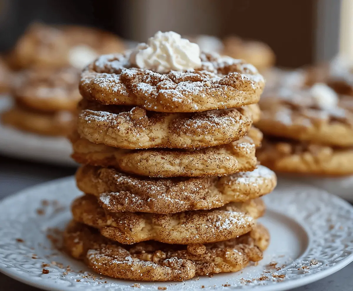 Delicious chewy French toast cookies topped with cinnamon and powdered sugar, served on a white plate