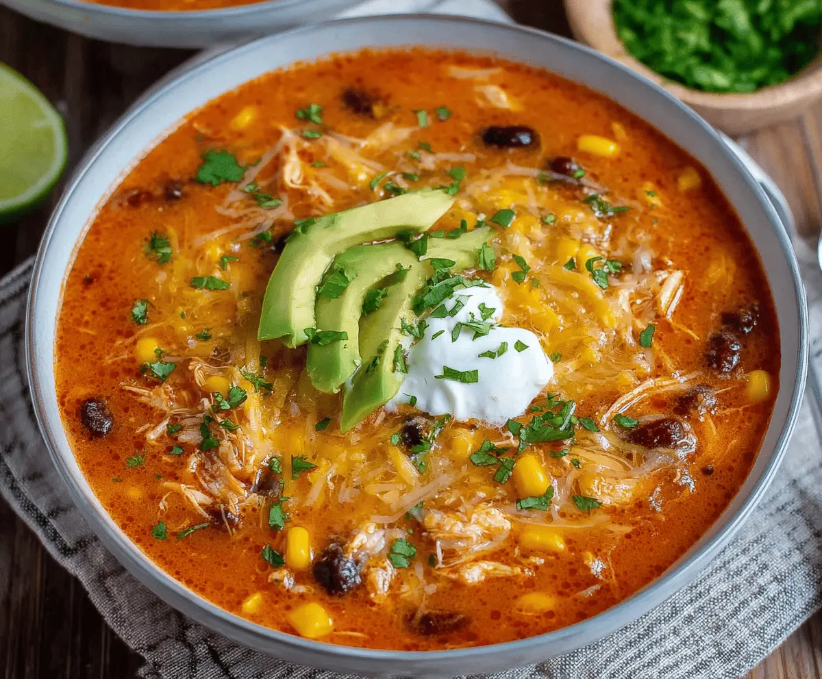 A steaming bowl of Chicken Enchilada Soup garnished with shredded cheese, fresh cilantro, and sliced jalapeños, showcasing a flavorful, hearty Mexican-inspired dish.