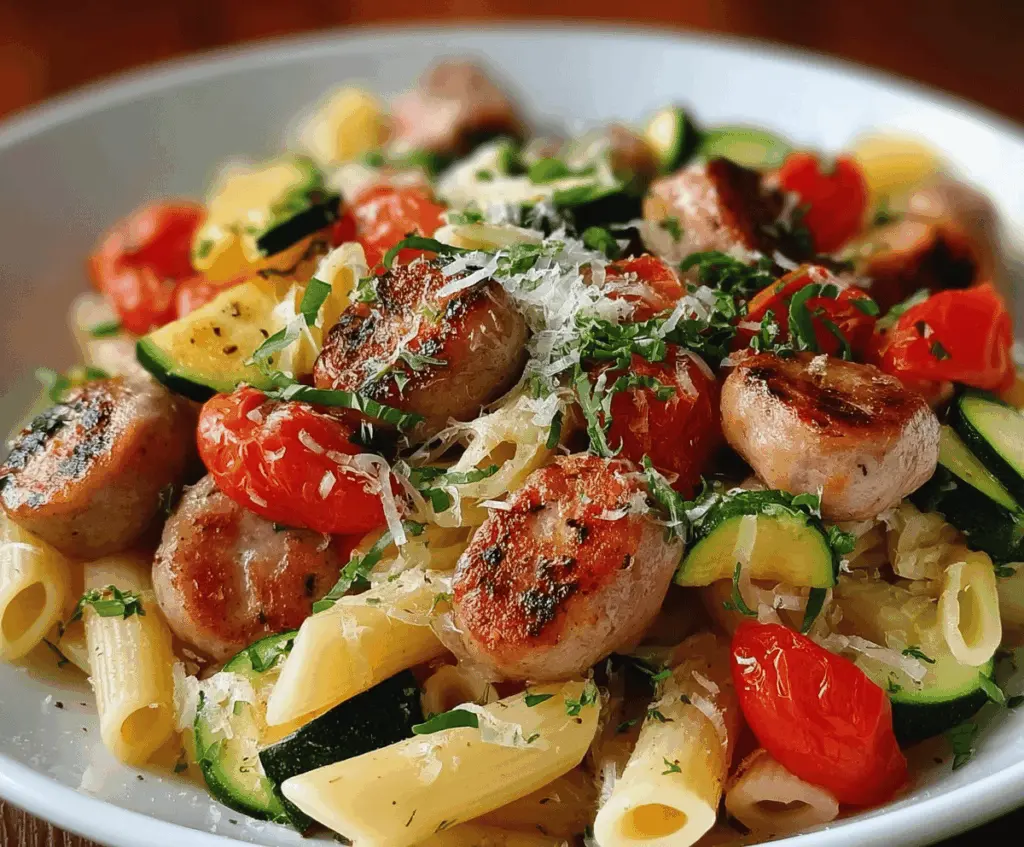 Chicken Sausages with Zucchini, Tomatoes, and Pasta