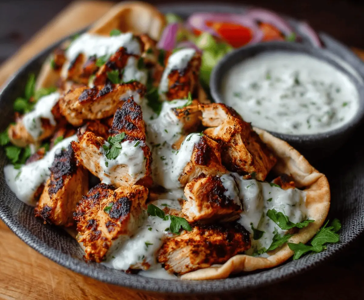 Juicy Chicken Shawarma served with creamy garlic sauce on a platter, garnished with fresh herbs and vegetables