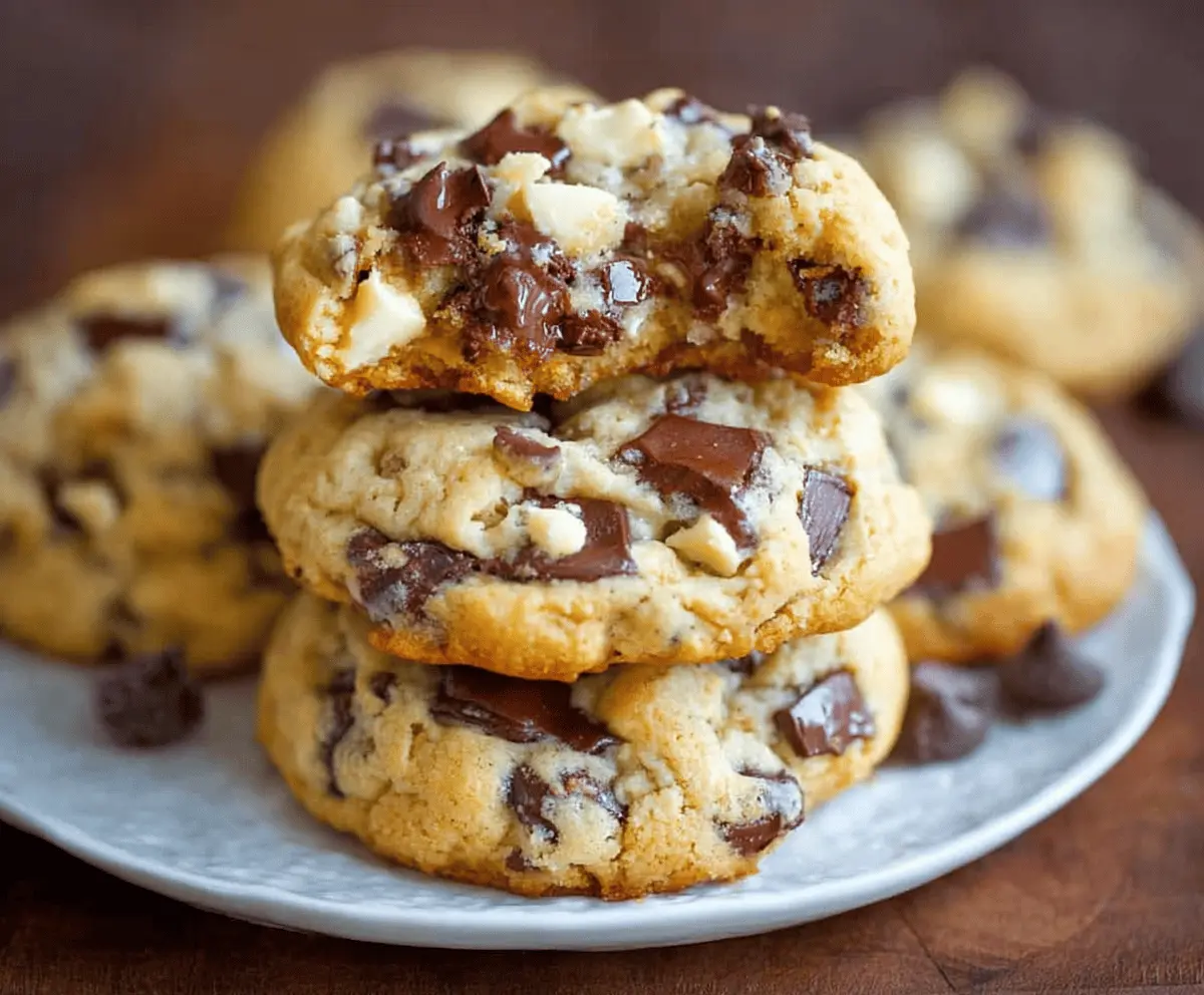 Delicious homemade chocolate chip cheesecake cookies with gooey chocolate chips and creamy cheesecake filling on a white plate