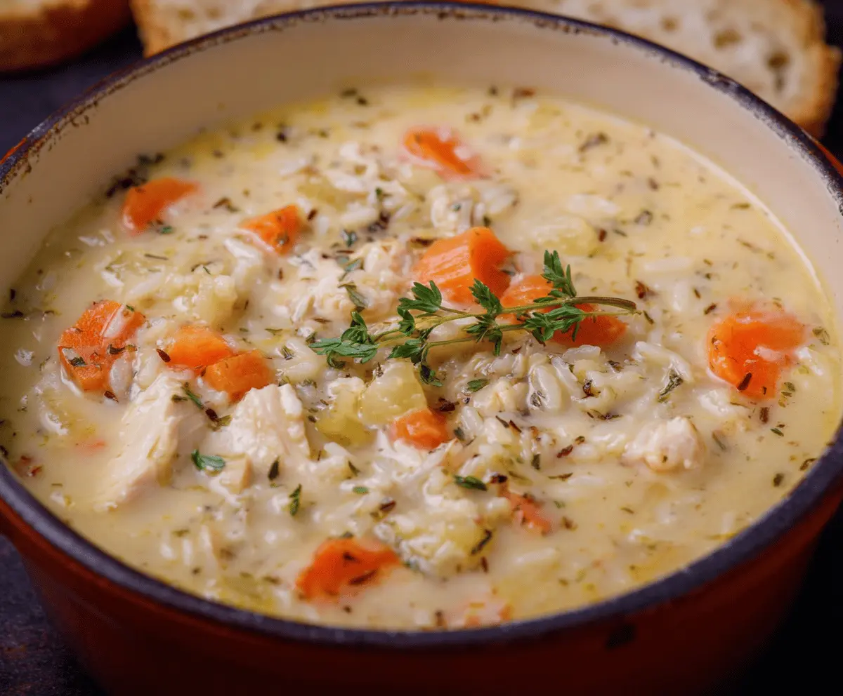 Creamy Chicken and Rice Soup in a bowl with tender chicken, rice, and vegetables, topped with fresh herbs