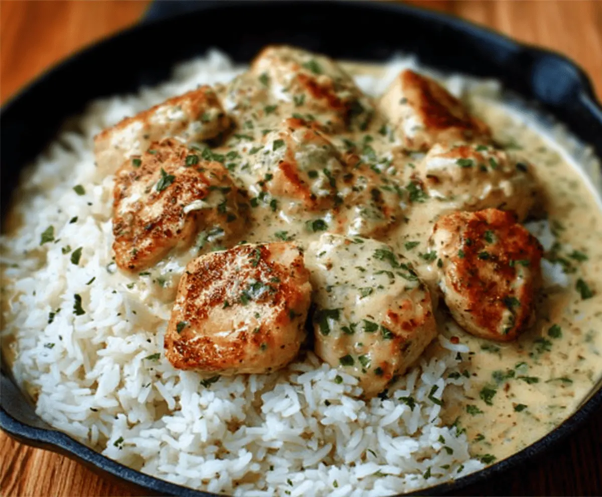 Creamy herb chicken served with fluffy basmati rice, garnished with fresh herbs for a comforting, flavor-packed one-pan meal.
