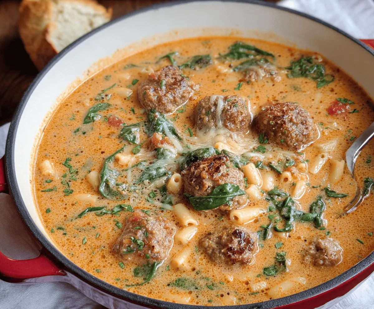 Creamy Italian Meatball Soup featuring meatballs, fresh herbs, vegetables, and a rich, creamy broth in a bowl.