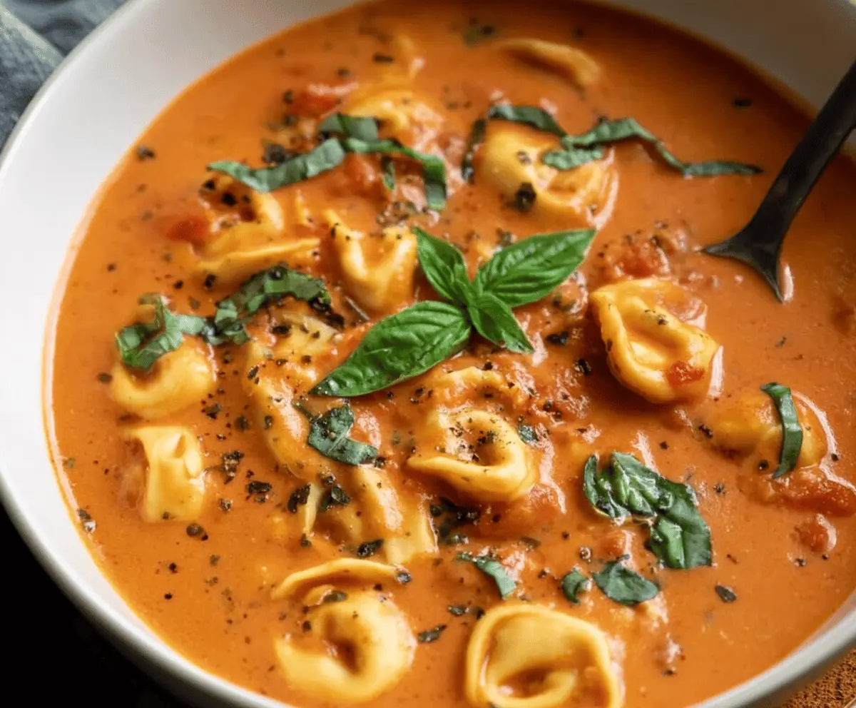Creamy tomato basil tortellini soup in a bowl topped with fresh basil leaves and grated cheese, served with bread on a rustic wooden table