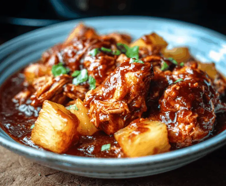 Juicy Crockpot Pineapple BBQ Chicken served with fresh pineapple slices and colorful vegetables on a plate.