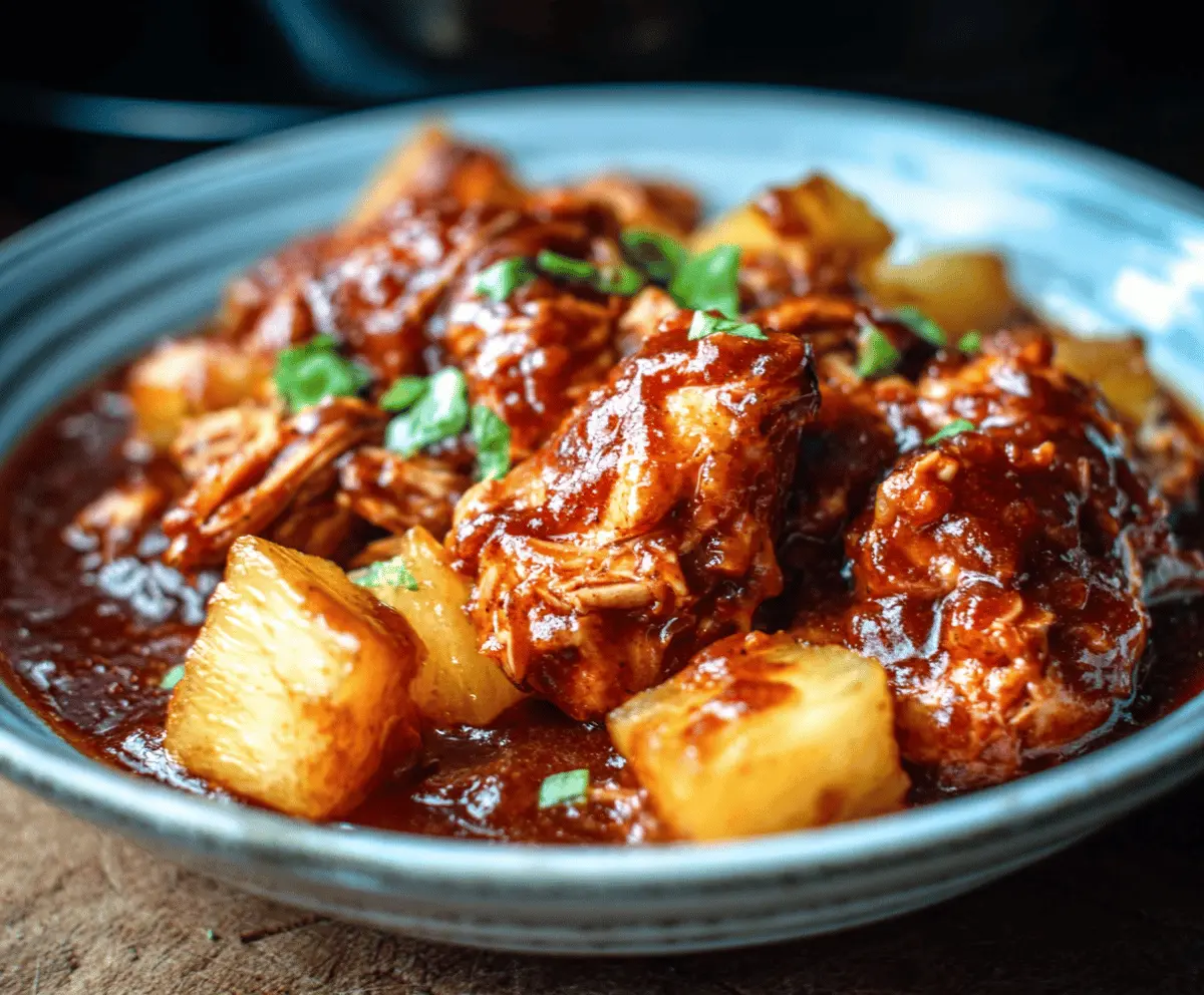 Juicy Crockpot Pineapple BBQ Chicken served with fresh pineapple slices and colorful vegetables on a plate.
