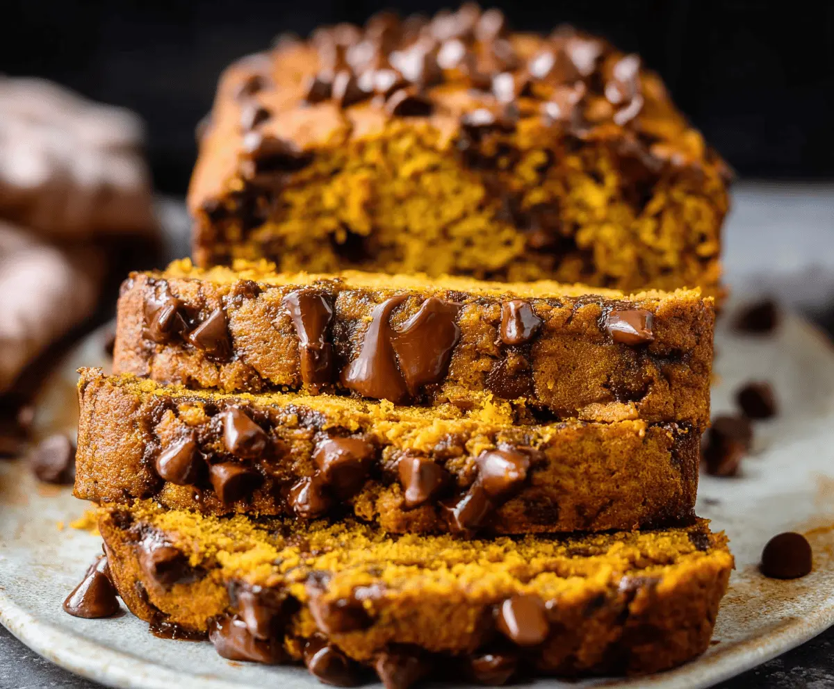 Delicious homemade pumpkin bread with chocolate chips on a rustic wooden table, perfect for fall baking