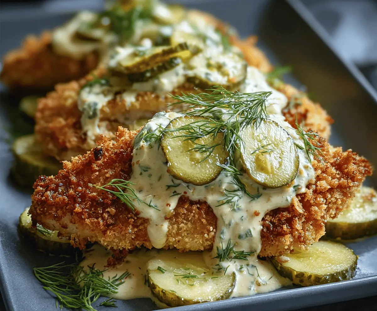 Juicy chicken breast topped with chopped dill pickles and grated Parmesan cheese, garnished with fresh herbs for Dill Pickle Parmesan Chicken recipe