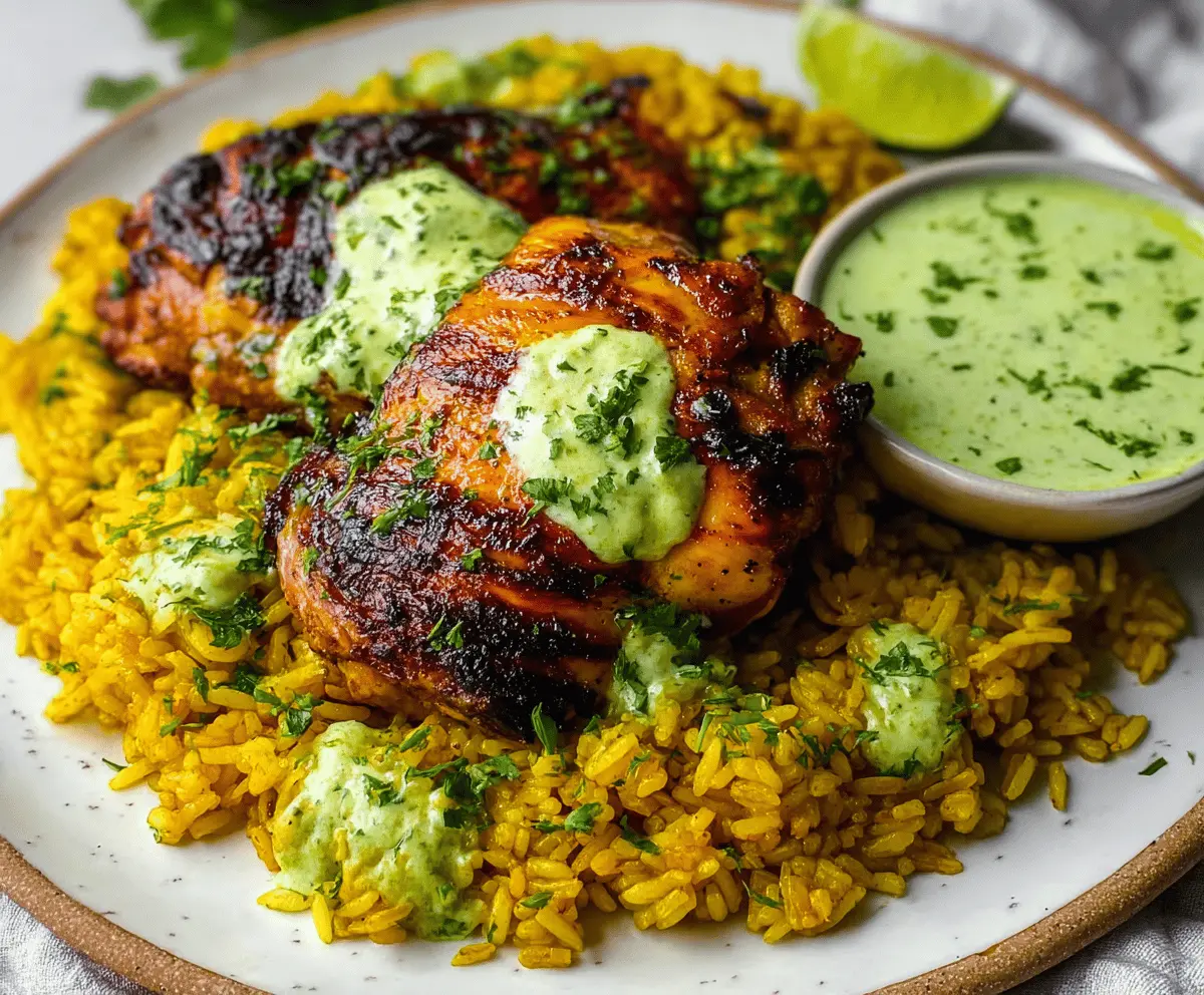 Delicious Peruvian Chicken and Rice served with vibrant green sauce, showcasing a flavorful and easy-to-make dish.