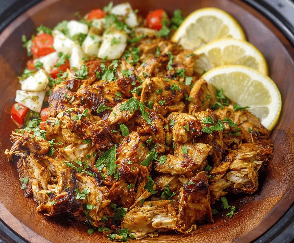 Juicy homemade chicken shawarma cooking in a slow cooker with flavorful spices and fresh ingredients