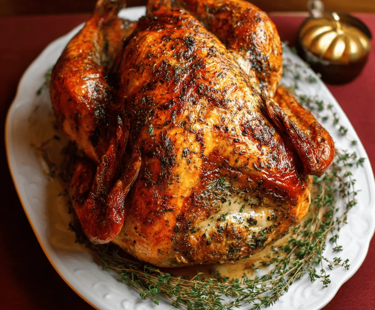 Juicy roast turkey topped with garlic herb butter, garnished with fresh herbs and lemon slices for a flavorful holiday meal