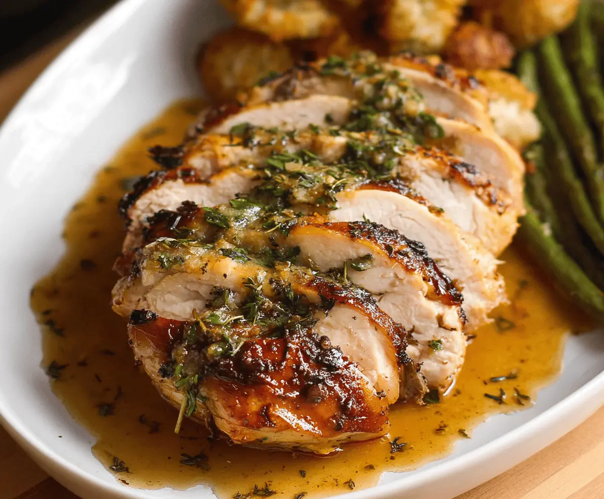 Juicy garlic herb slow cooker turkey breast served with fresh herbs and vegetables on a white plate