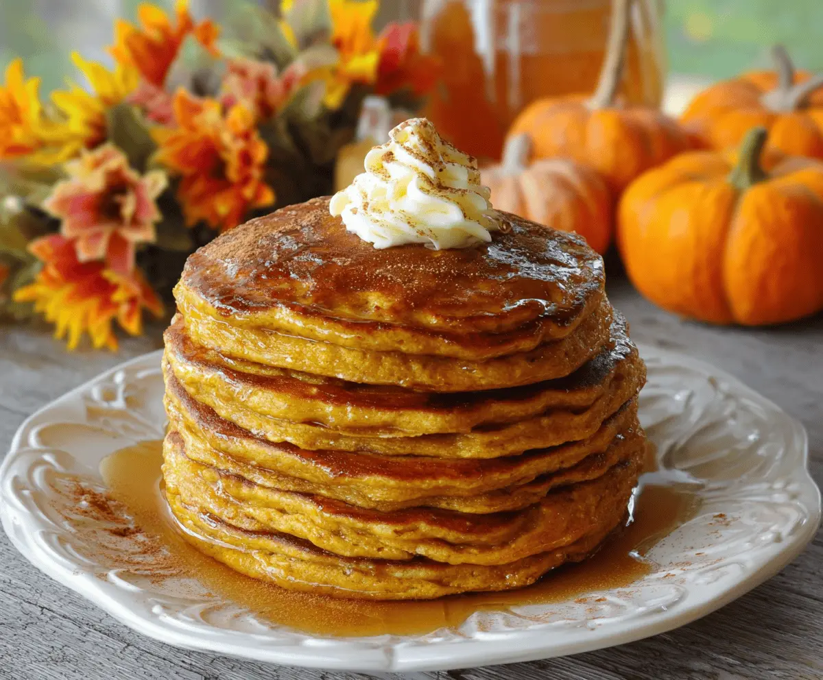 Delicious Gilmore Girls Pumpkin Pancakes topped with whipped cream and caramel drizzle on a plate, perfect for a cozy breakfast in fall.