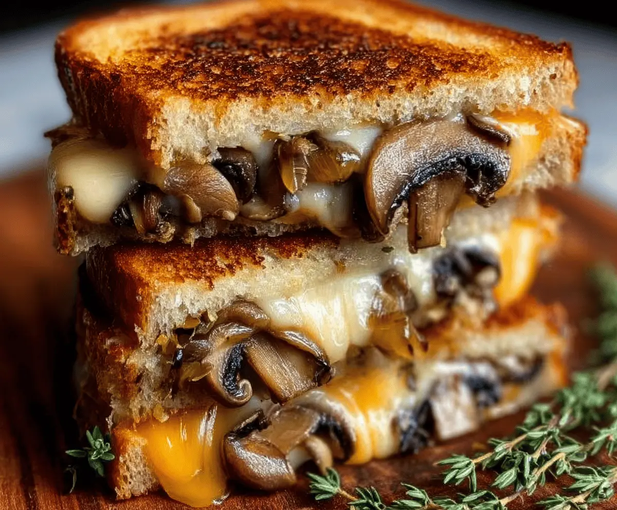 Delicious grilled cheese sandwich with melted Gouda cheese, roasted mushrooms, and caramelized onions on golden bread.