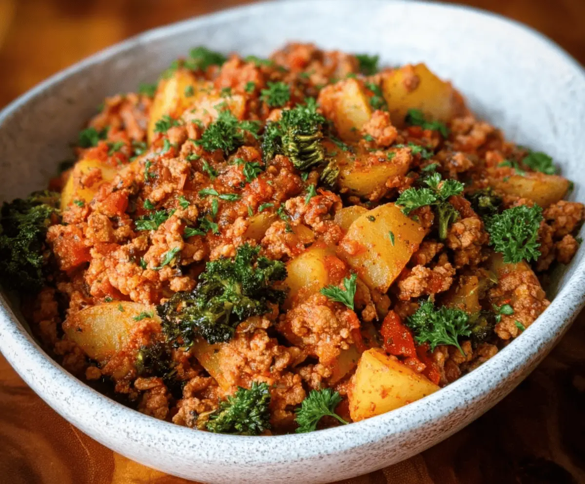 Savory ground turkey cooked with tender potatoes, served on a plate with fresh herbs, perfect for a healthy meal.
