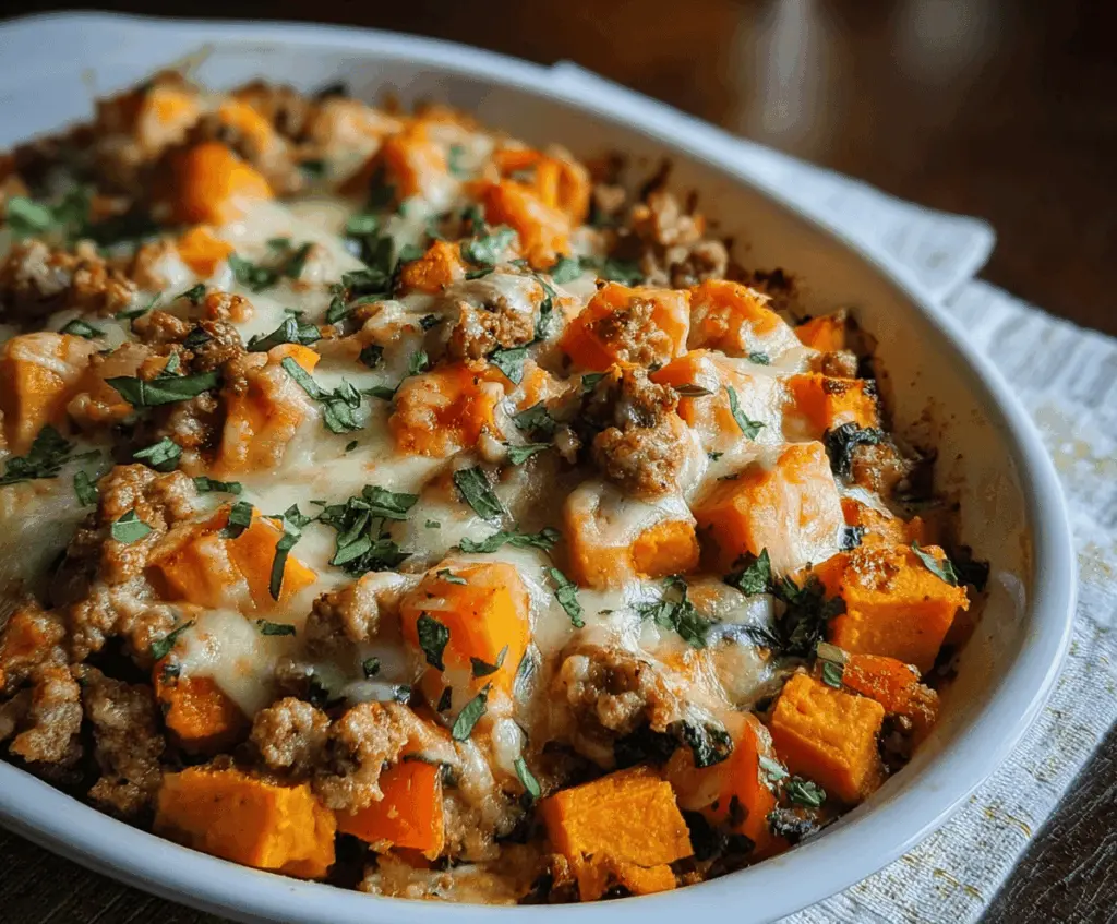 healthy ground turkey and sweet potato bake for dinner