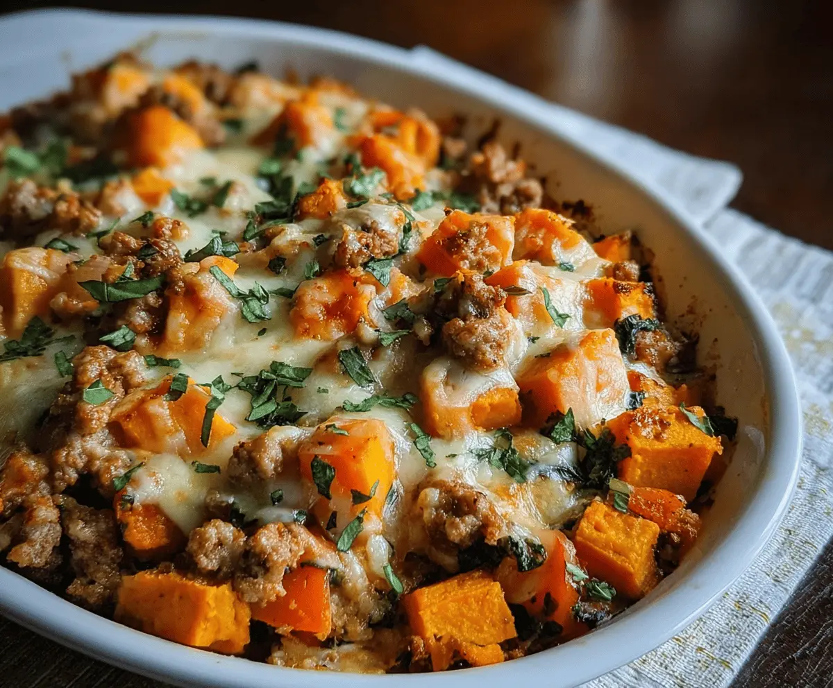 Delicious healthy ground turkey and sweet potato bake served for dinner, featuring colorful vegetables and wholesome ingredients.