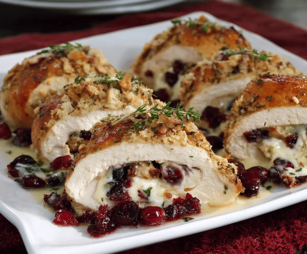 Juicy chicken breast stuffed with creamy Brie cheese and tart cranberries, garnished with fresh herbs for a flavorful Cranberry Brie Stuffed Chicken recipe.