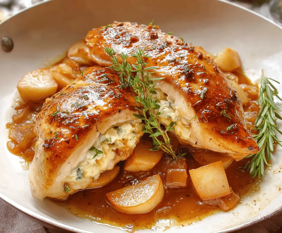 Juicy chicken breast stuffed with melted Brie cheese and sliced apples, glazed with sweet maple syrup, served with fresh herbs on a white plate.
