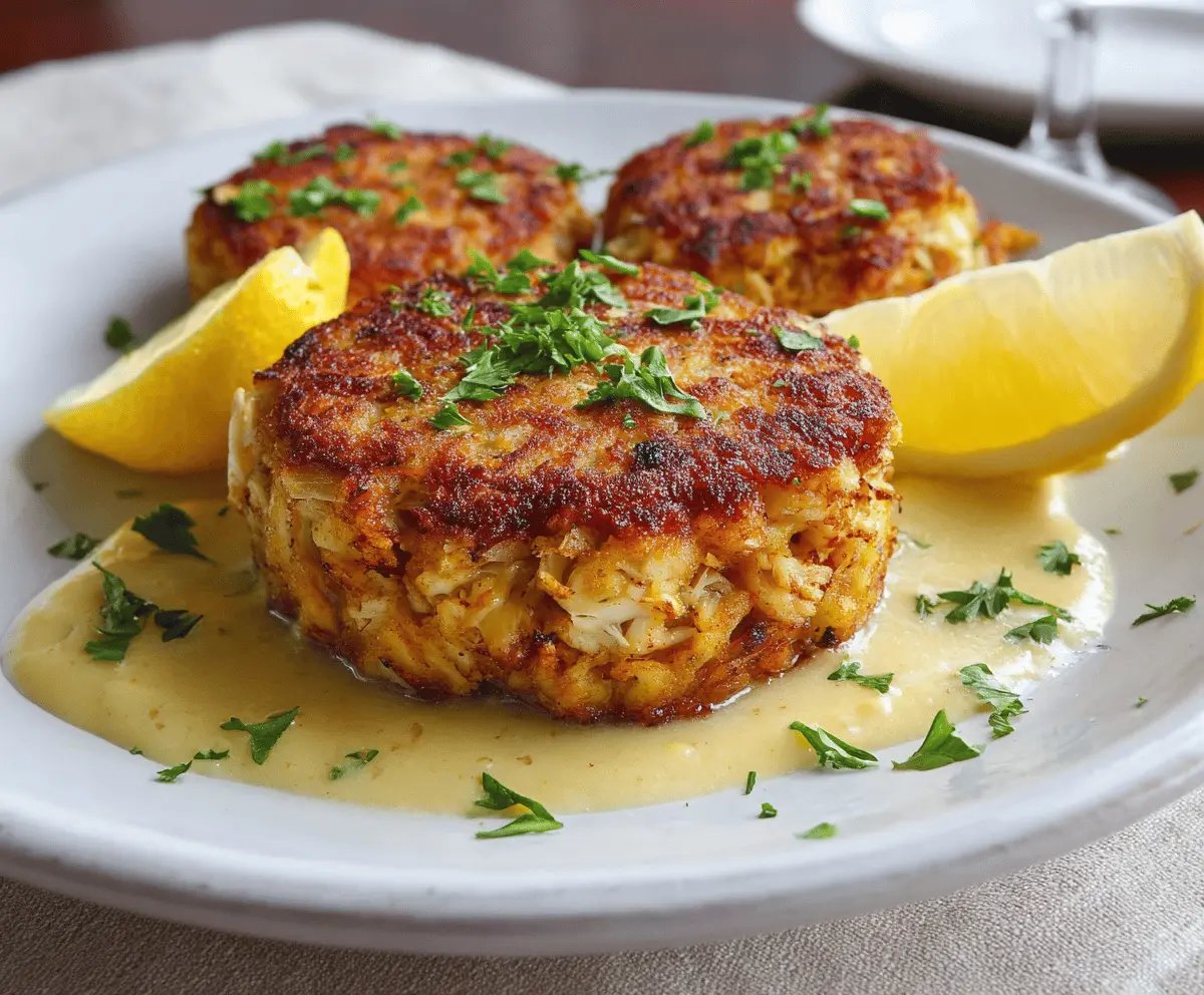 Delicious Maryland-style crab cake garnished with lemon wedge and fresh herbs on a plate, perfect for seafood lovers