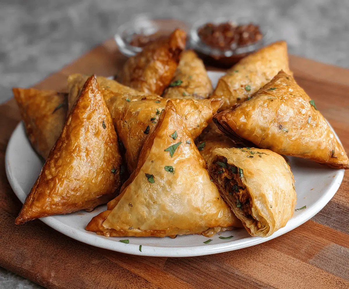Delicious Moroccan Spiced Chicken Briouats with crispy golden pastry and flavorful filling, perfect for appetizers or snacks.