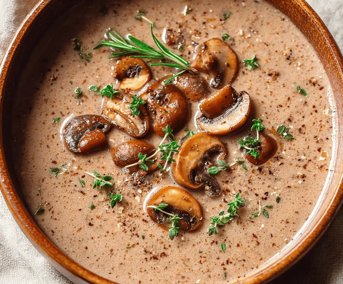 Creamy mushroom soup in a bowl garnished with fresh herbs, served with crusty bread on a rustic wooden table.