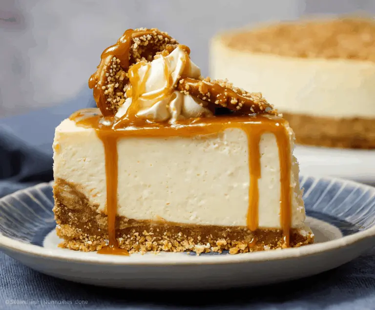 Delicious no-bake salted caramel cheesecake topped with caramel drizzle and sea salt on a decorative plate
