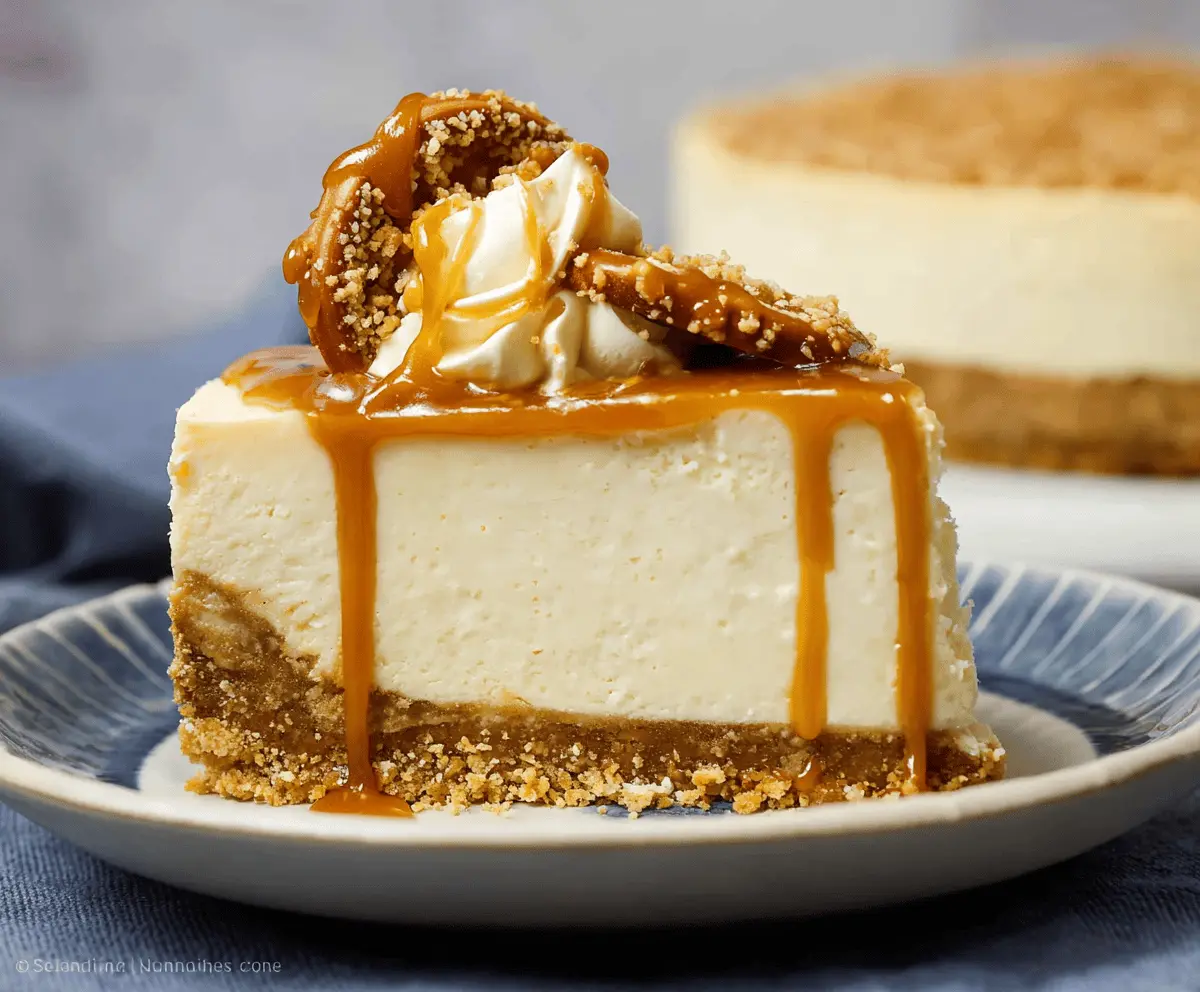 Delicious no-bake salted caramel cheesecake topped with caramel drizzle and sea salt on a decorative plate